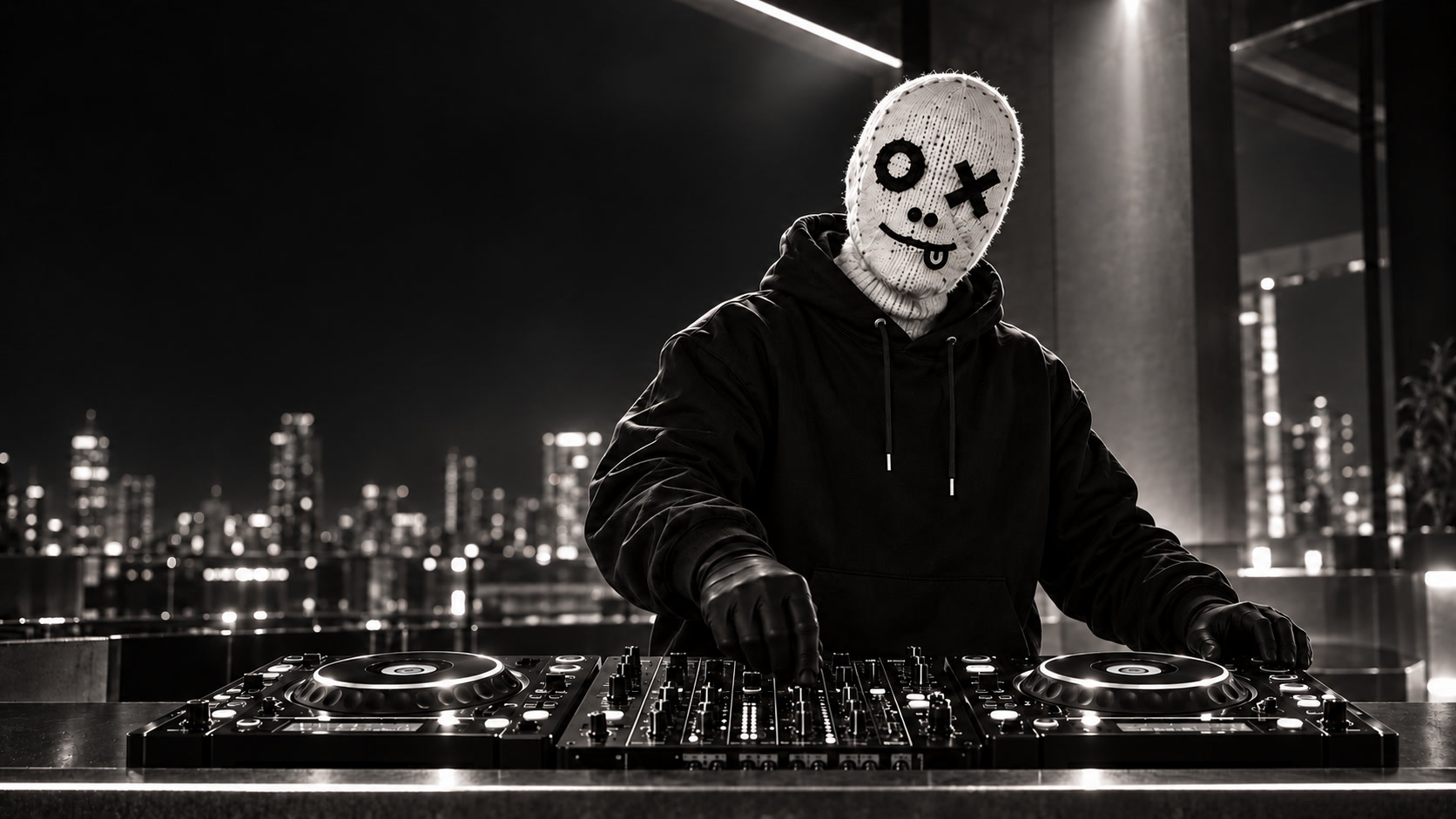 T.E.G.G.S in his signature white knitted mask and black hoodie, behind the DJ console at night